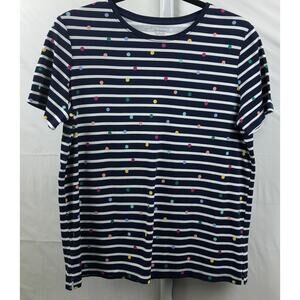 Kim Rogers Top Women Small Navy Stripe Dots 100% Cotton Stretch Short Sleeve